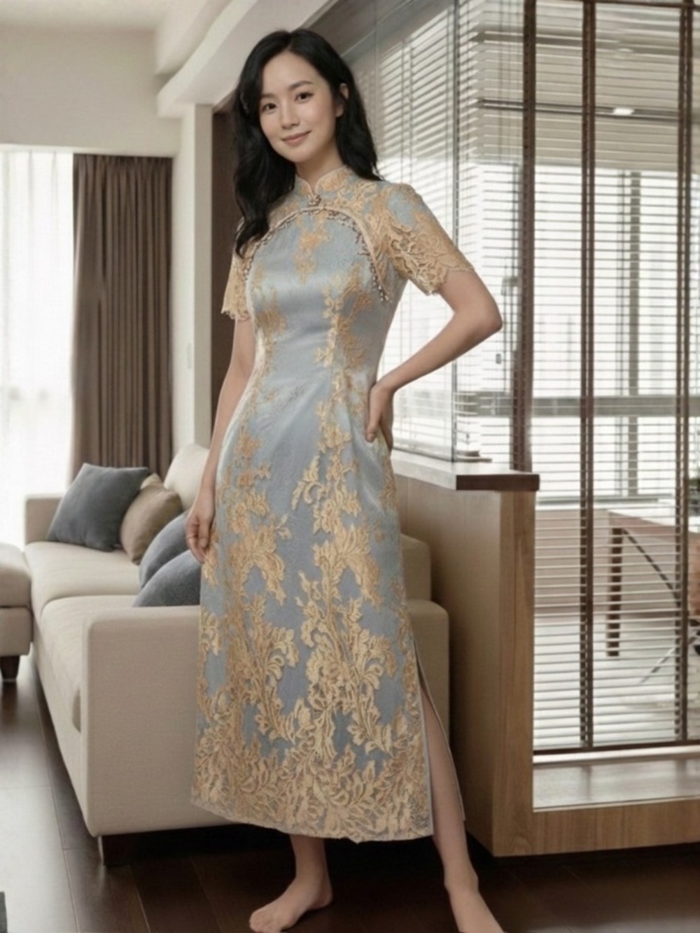 Embroidered Pale Blue Midi Dress with Gold Lace Accents